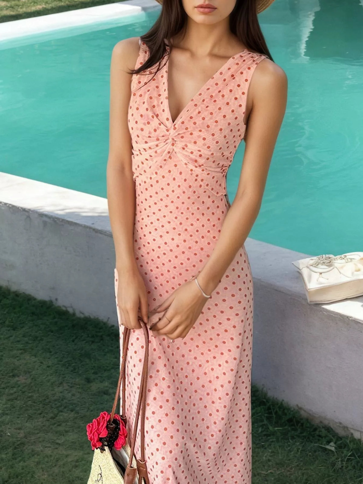 Polka Dot Twist-Front Sleeveless Maxi Dress - Lilixa.store