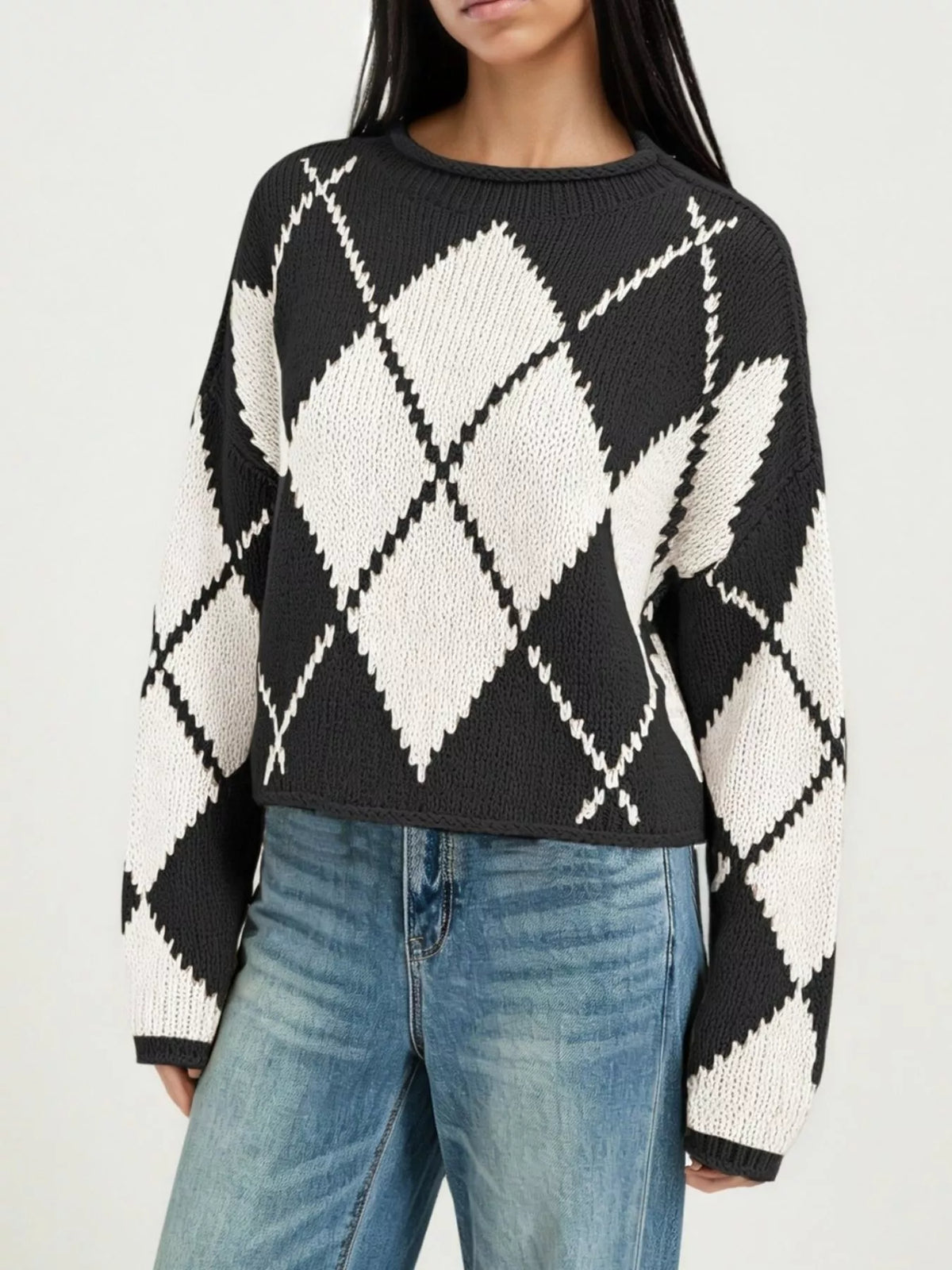 Argyle Pattern Knit Dropped Shoulder Sweater - Lilixa.store
