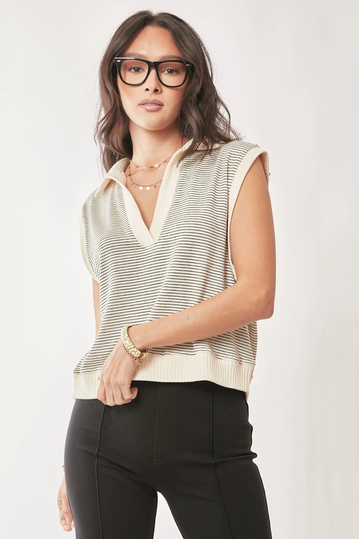Davi & Dani French Terry Boxy Fit Striped Sweater Vest - Lilixa.store