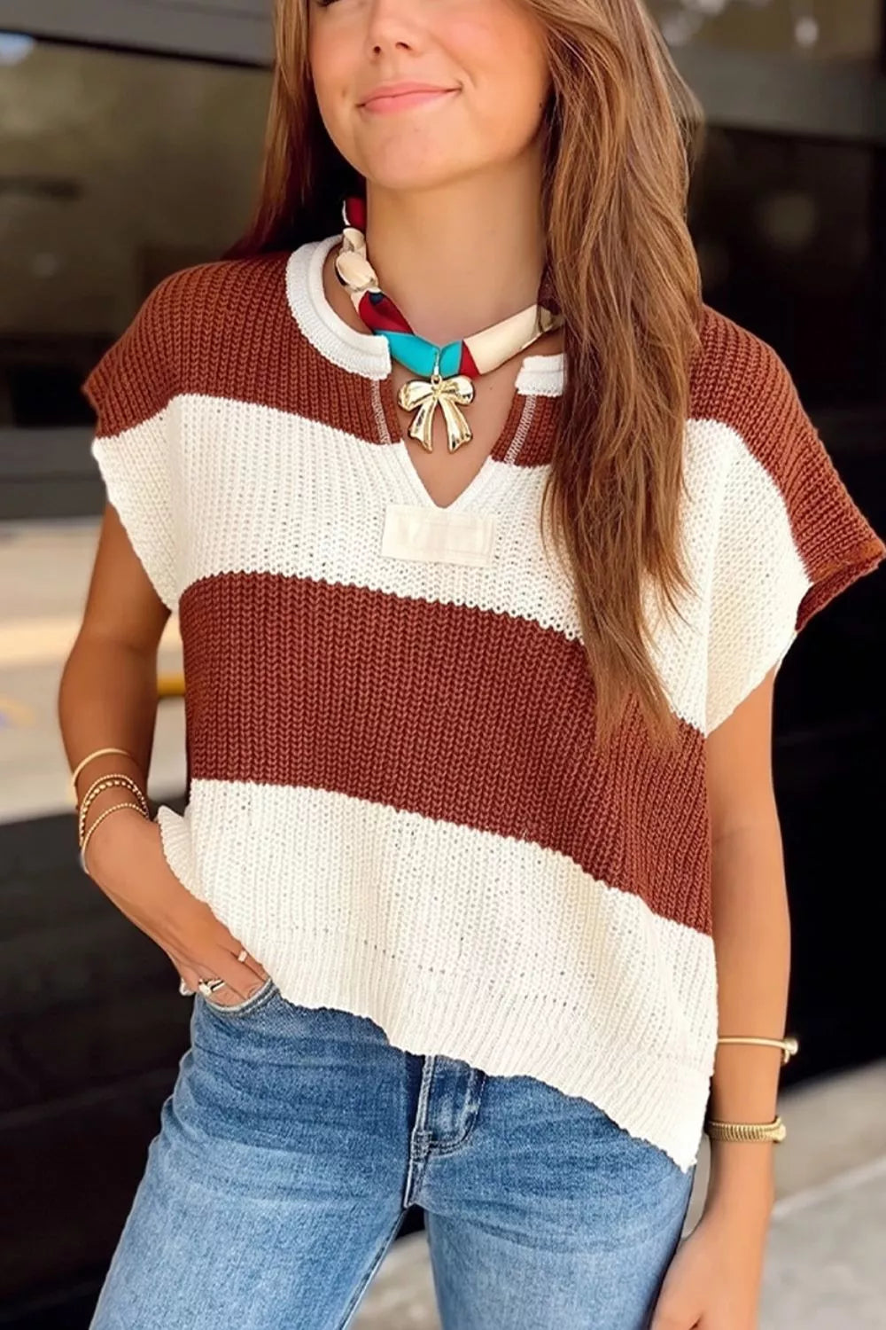 Striped Colorblock Knit Short Sleeve Loose Sweater