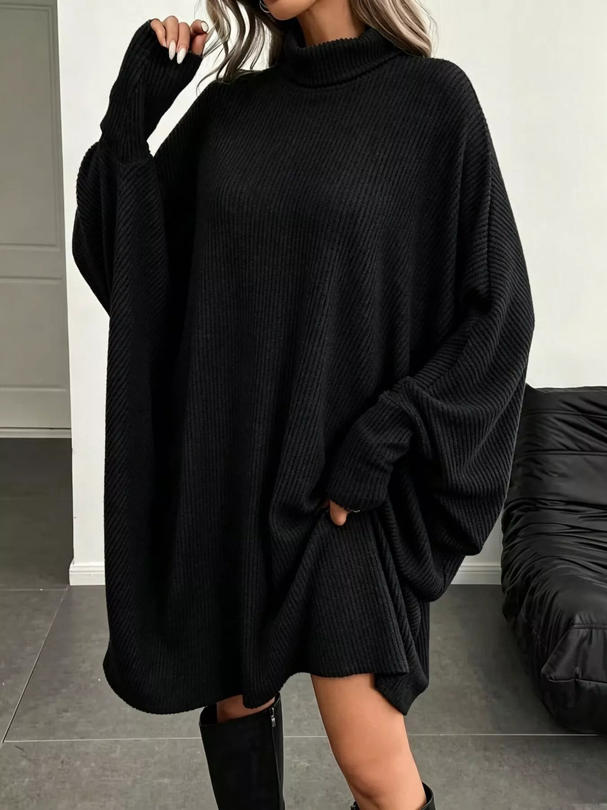 Oversized Batwing Sleeve Ribbed Knit Turtleneck Dress - Lilixa.store