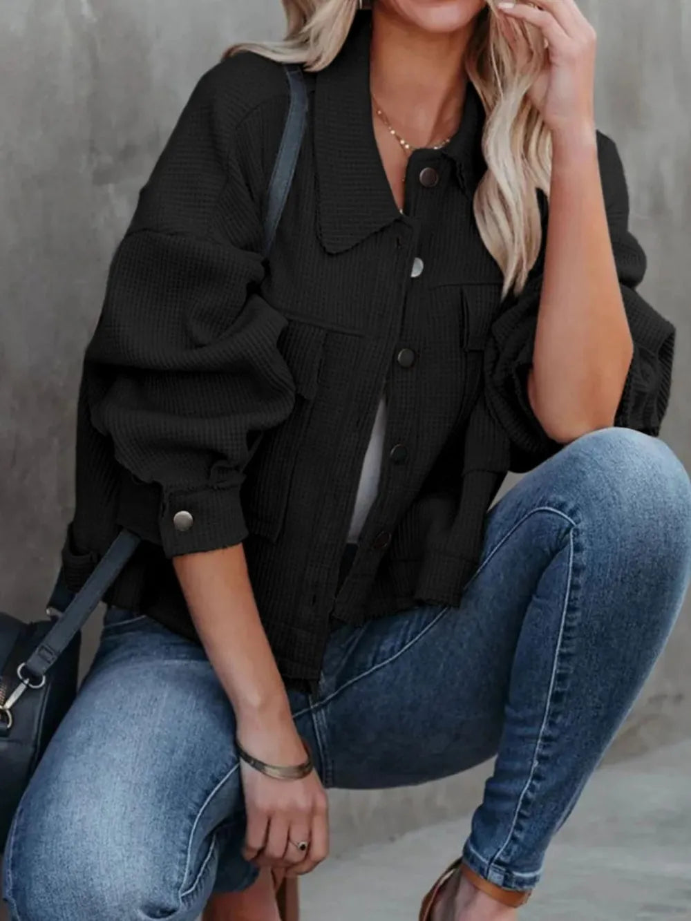 Button Up Long Sleeve Jacket in Black