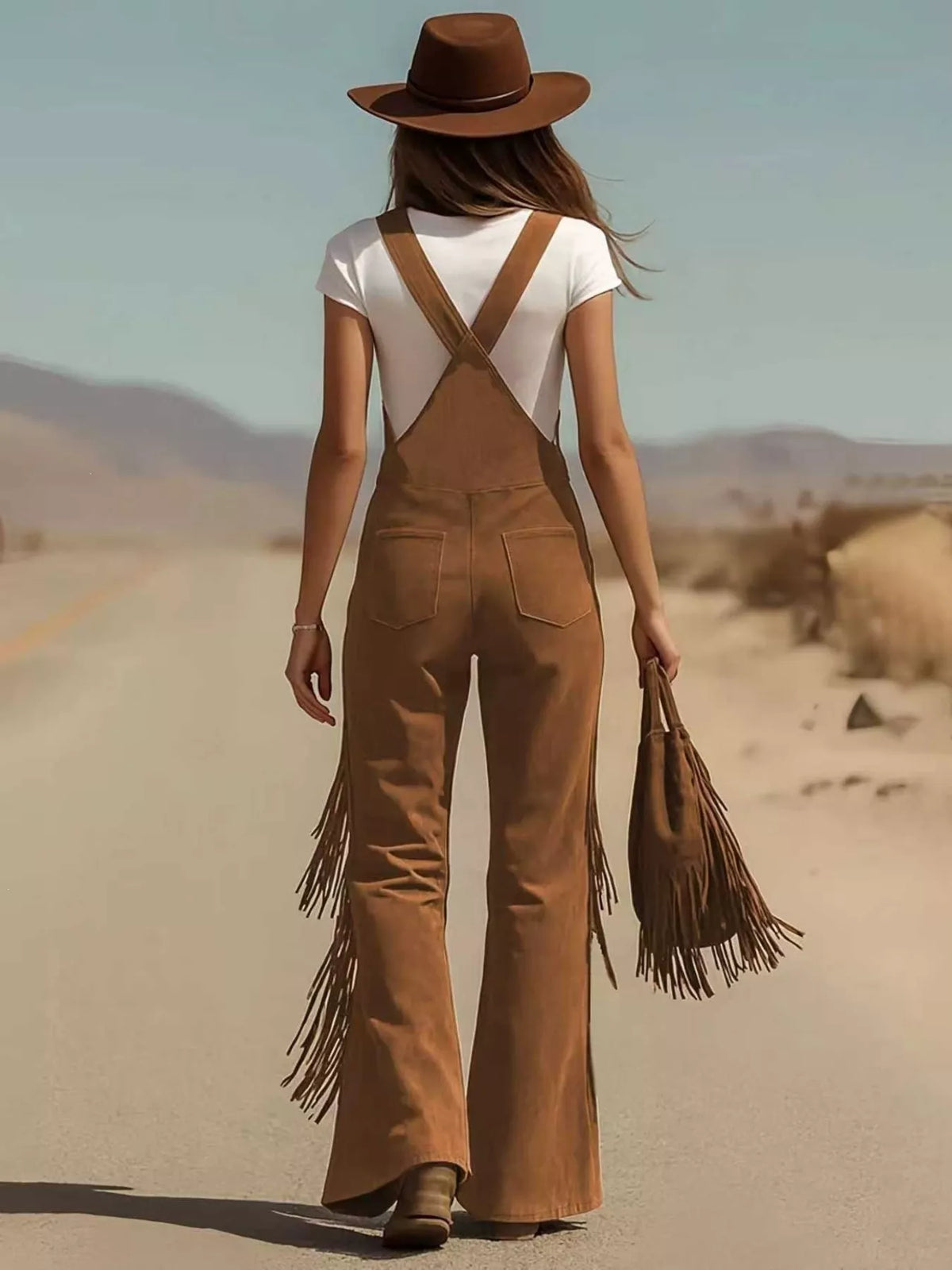 Fringe Detail Flare Leg Overalls, view 4