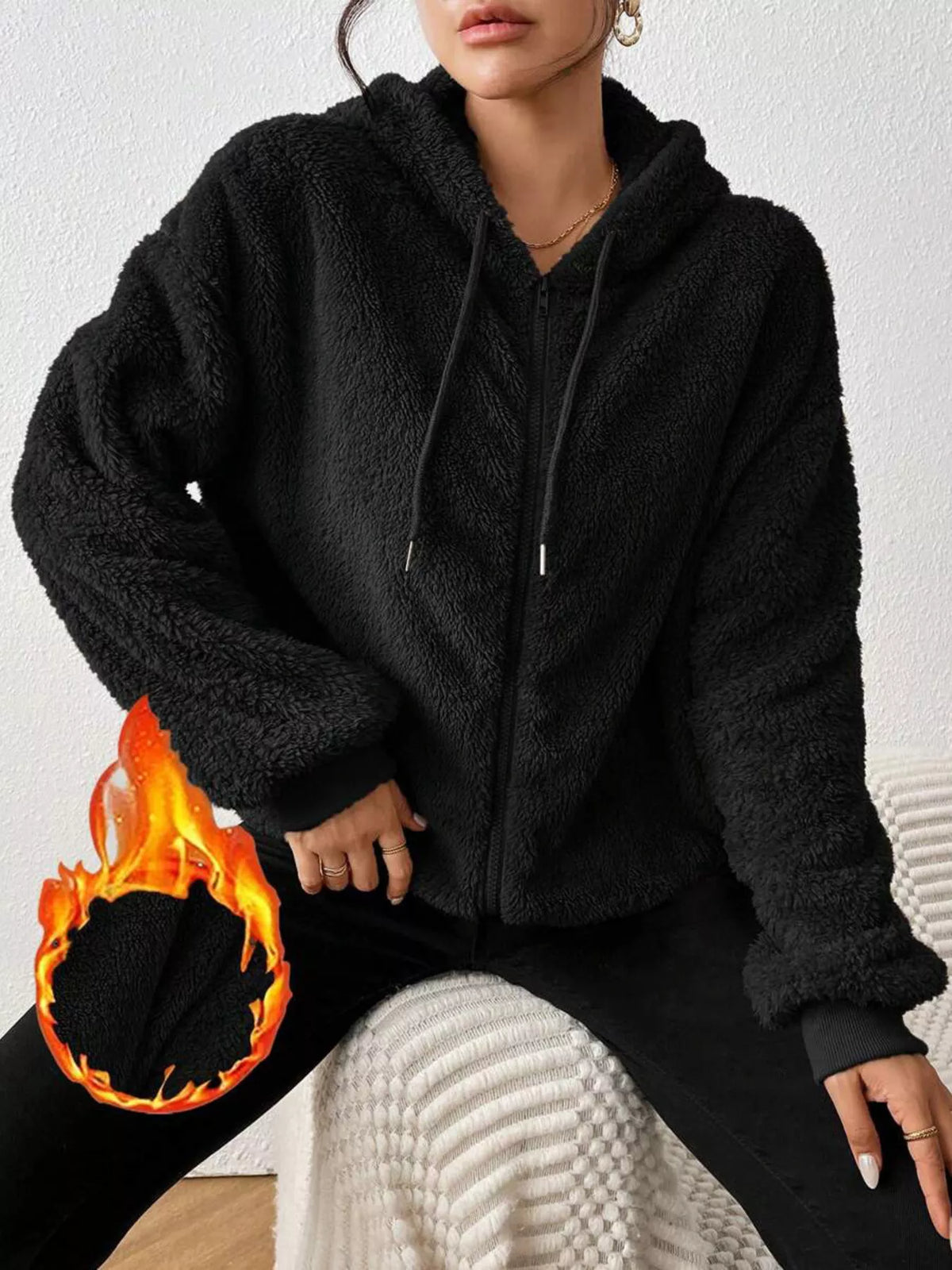 Zip-Up Plush Hooded Outerwear in Black, view 5