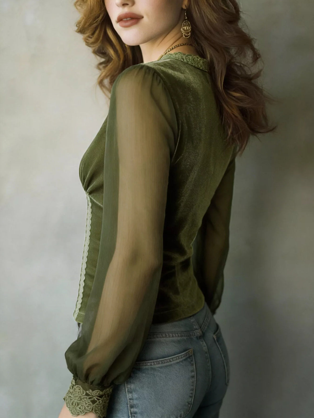 Lace Trim Sheer Long Sleeve Blouse - Lilixa.store