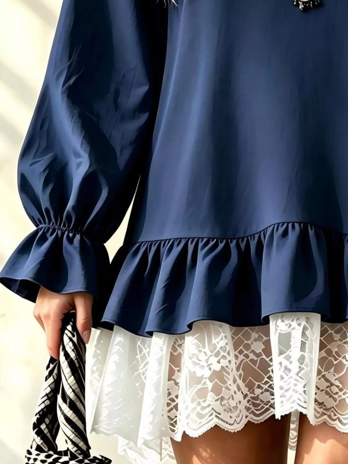 V-Neck Long Sleeve Ruffle Hem Lace Trim Mini Dress, view 3
