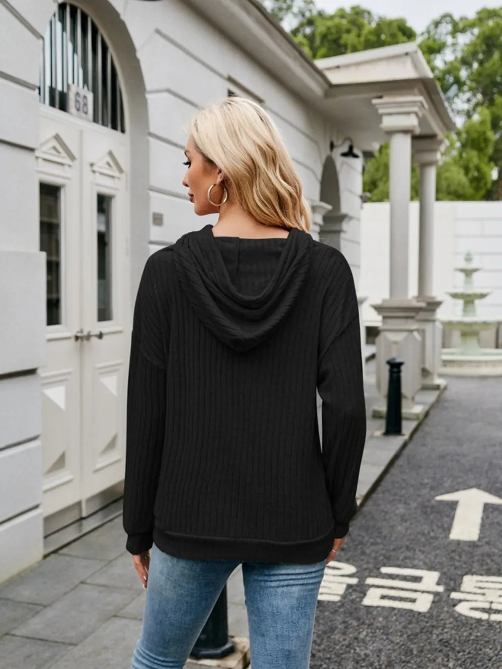 Ribbed Drawstring Long Sleeve Hoodie - Lilixa.store
