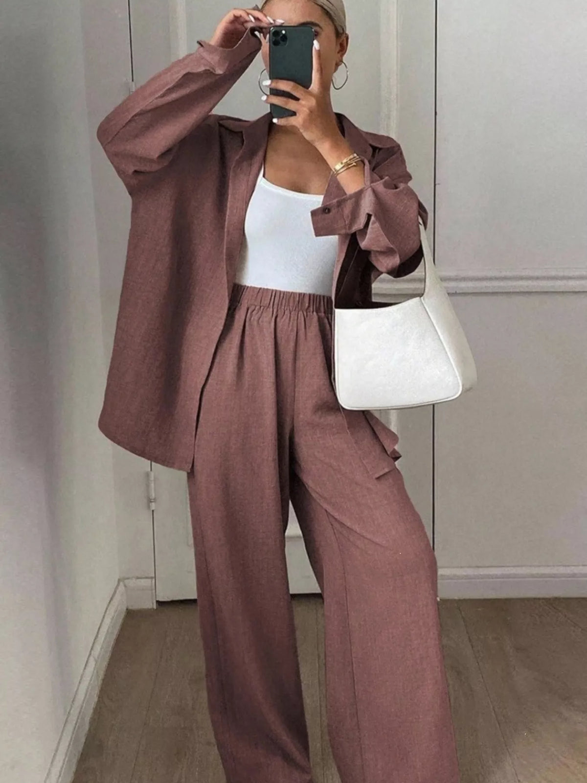 Button-Down Shirt and Wide-Leg Pants Set, view 15