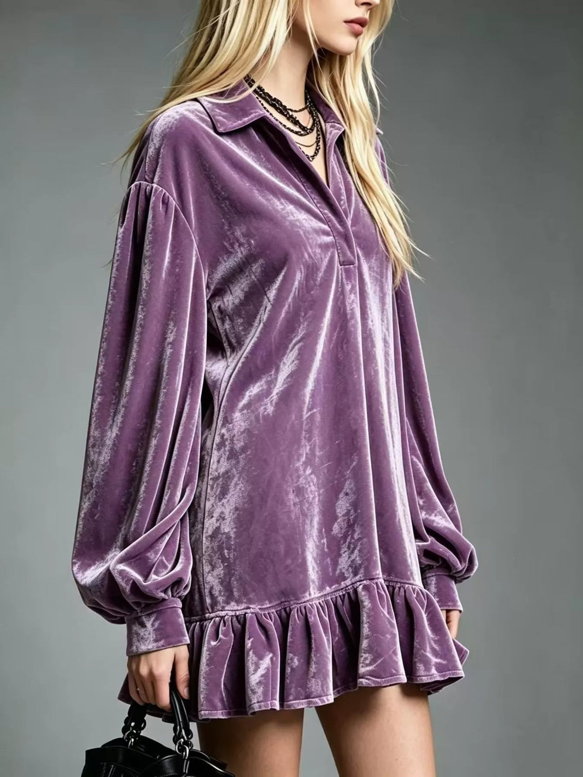 Full Size Velvet Long-Sleeve Ruffle Hem Mini Dress Plus Size