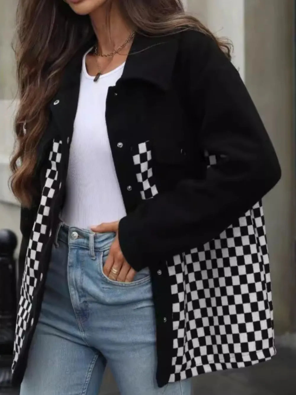 Checkered Snap Down Long Sleeve Jacket - Lilixa.store