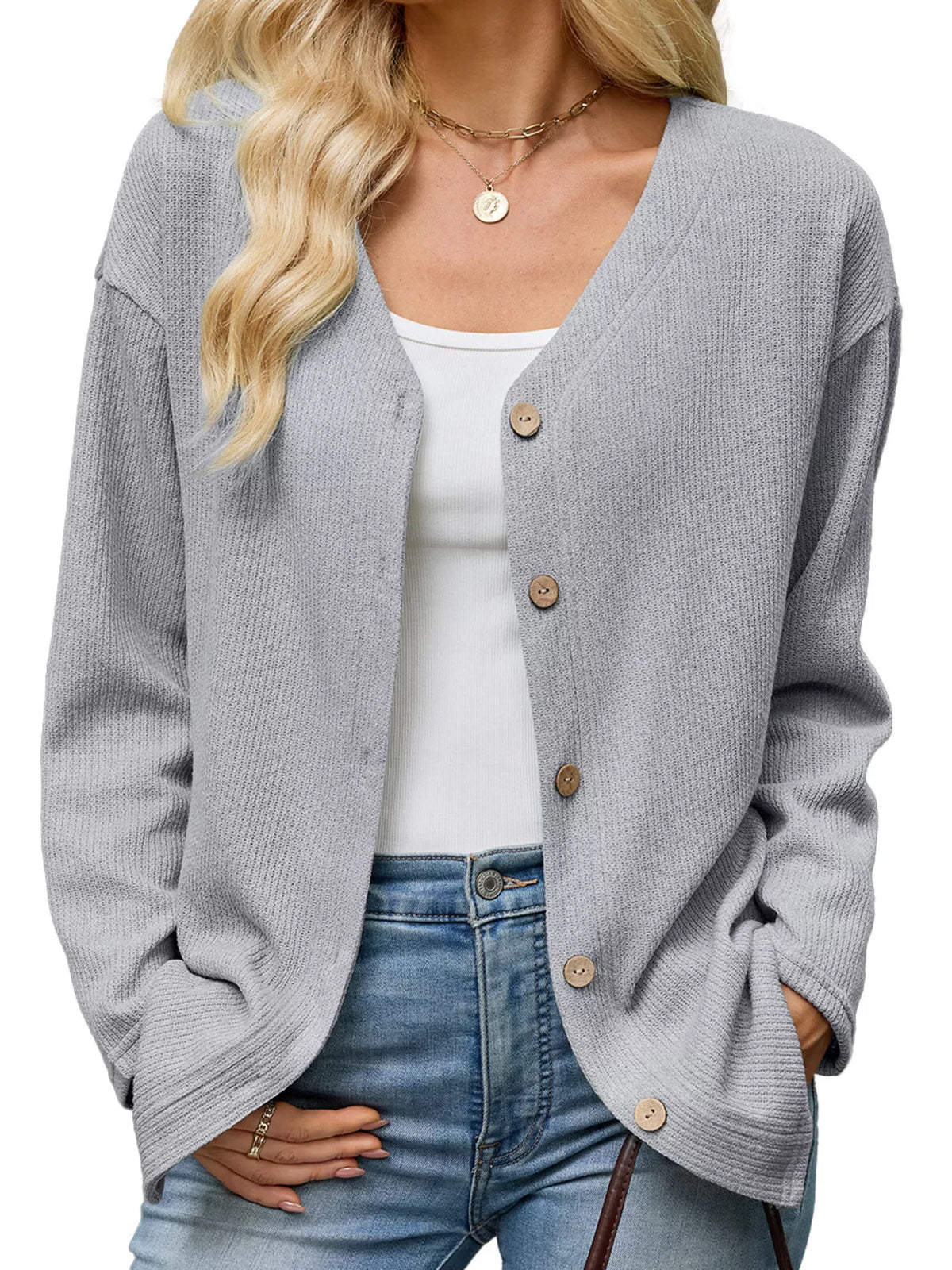 V-Neck Button-Down Cardigan - Lilixa.store