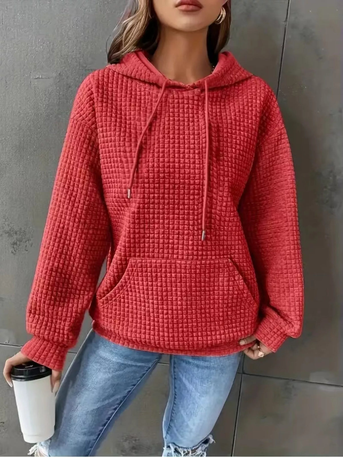 Textured Knit Drawstring Hoodie - Lilixa.store