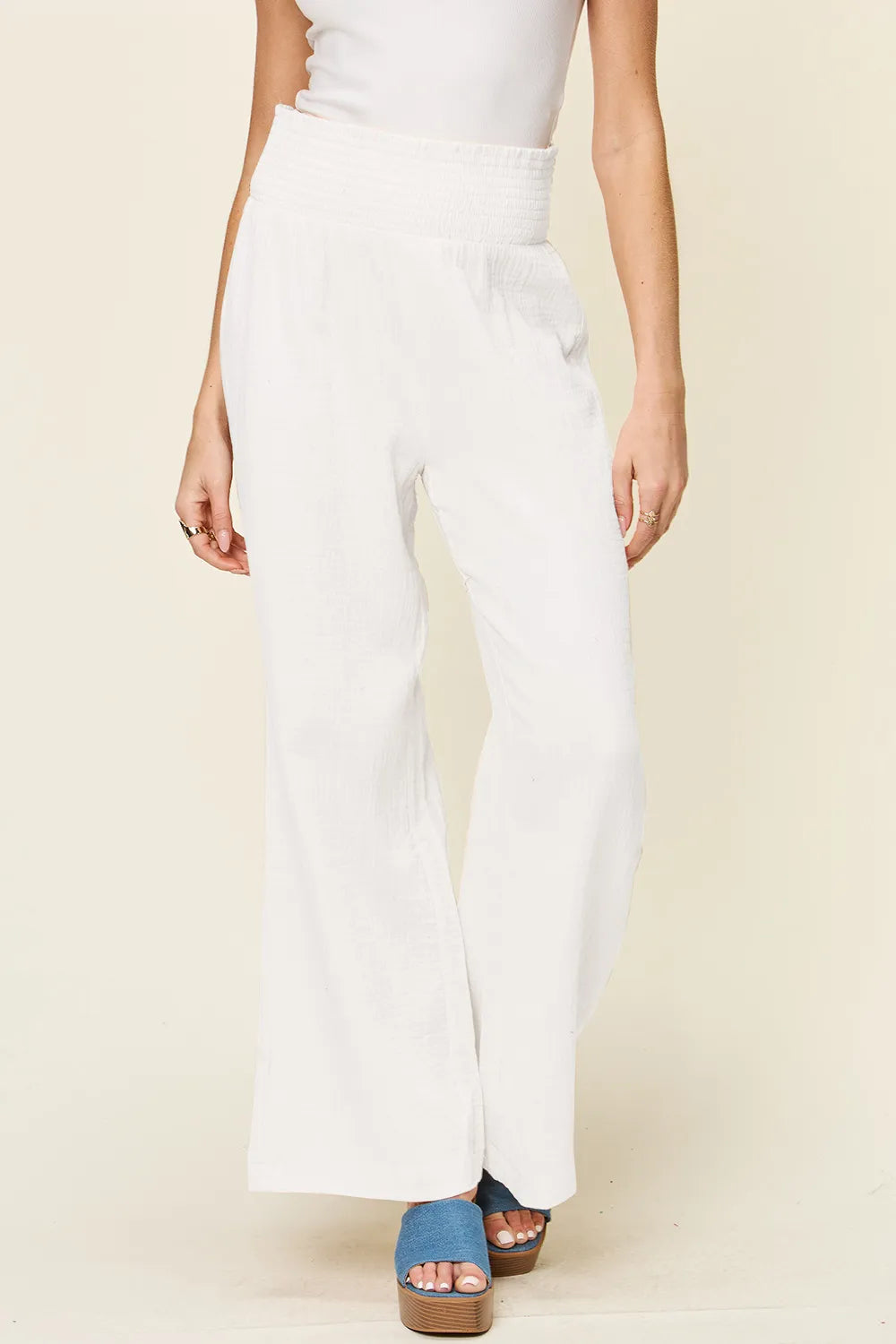 Double Take Full Size Texture Smocked Waist Wide Leg Pants - Lilixa.store