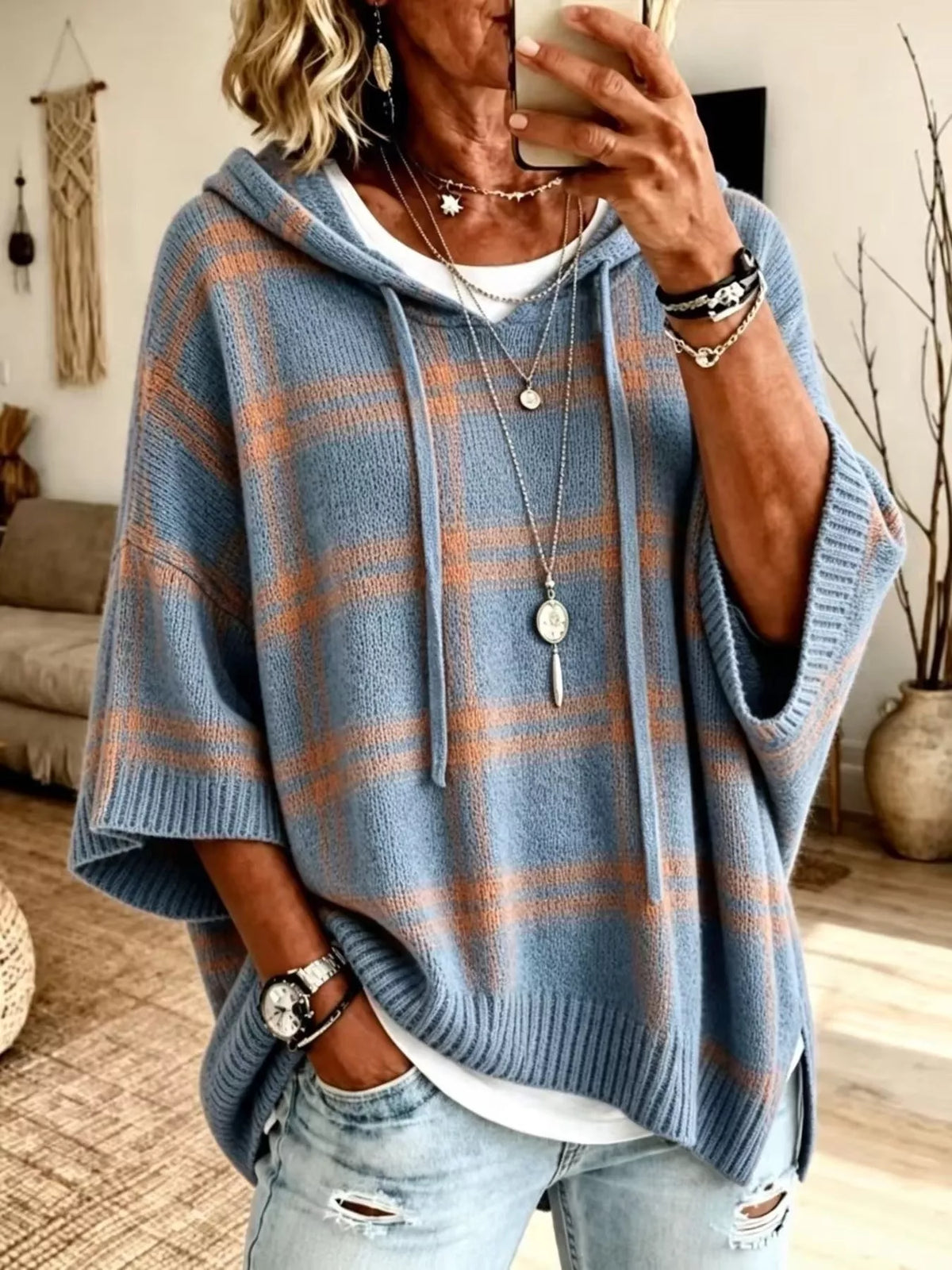Plaid Hooded Knit Sweater in Sky Blue