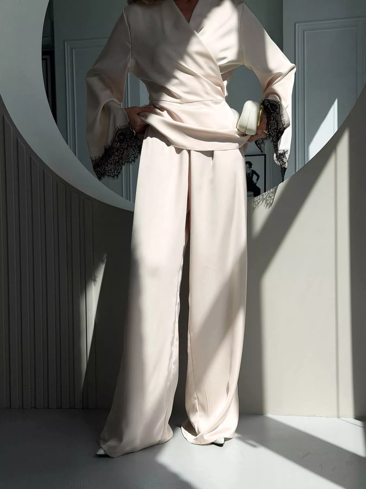 Lace Trim Wrap Top and Pants Set - Lilixa.store