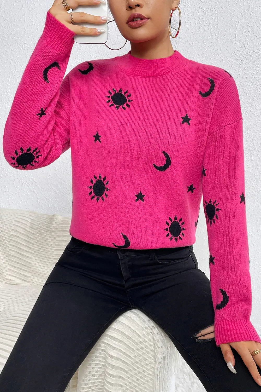Graphic Mock Neck Dropped Shoulder Sweater - Lilixa.store