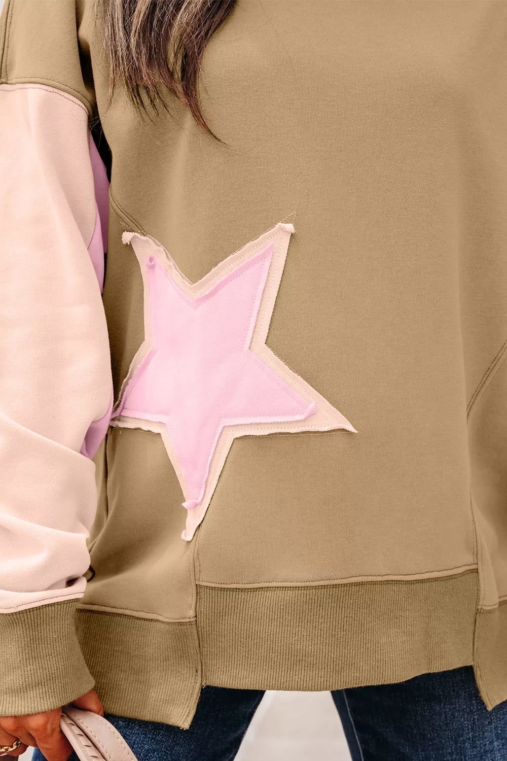 Star Patch Crew Neck Sweatshirt in Tan, view 14