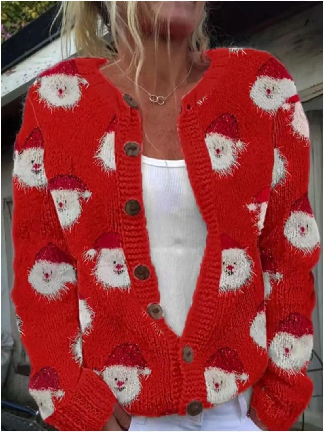 Full Size Festive Christmas Pattern Knit Cardigan with Button-Down Closure Plus Size in Scarlet