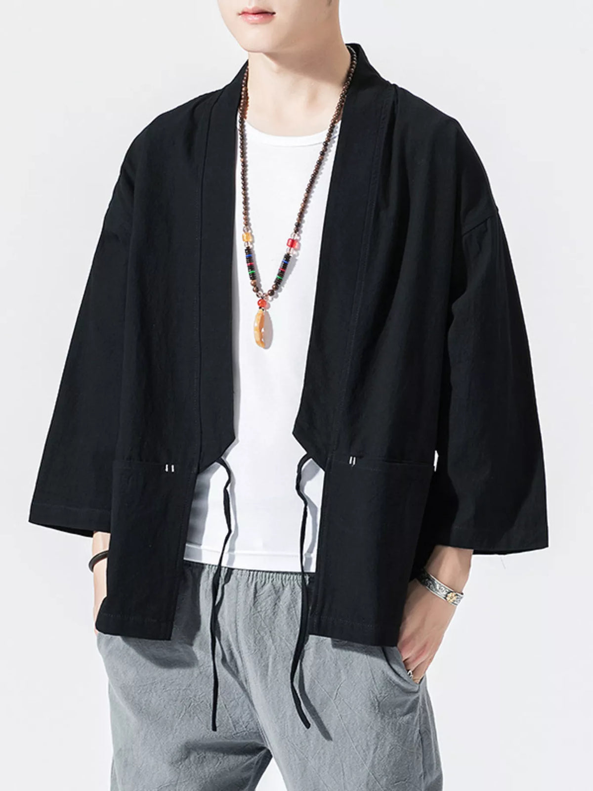 Men's Plus Size Tie Front 3/4 Sleeve Cardigan - Lilixa.store