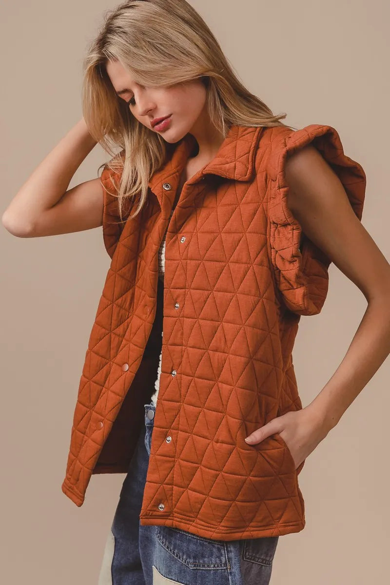 BiBi Quilting Knit Ruffle Sleeve Vest in Rust, view 8