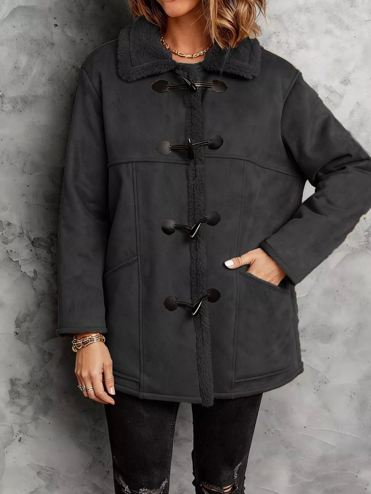 Faux Suede Sherpa Lined Toggle Coat - Lilixa.store