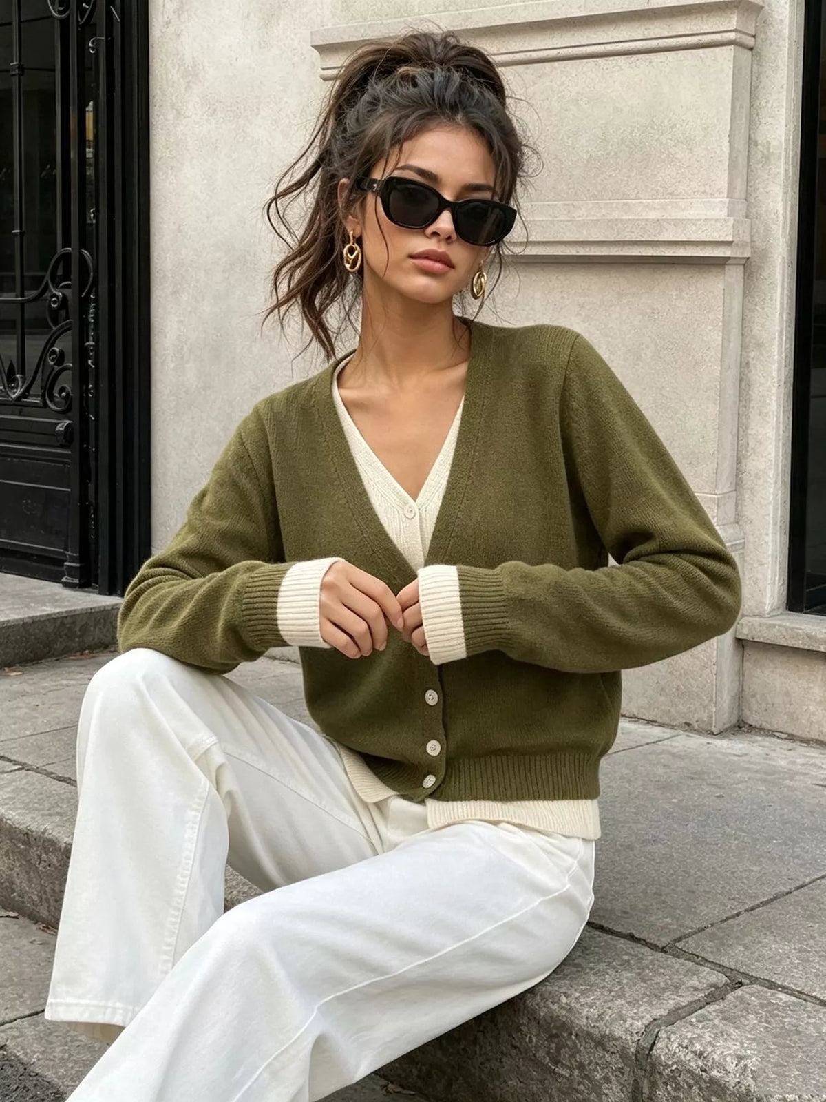 V-Neck Button-Down Contrast Layered Cardigan, view 9