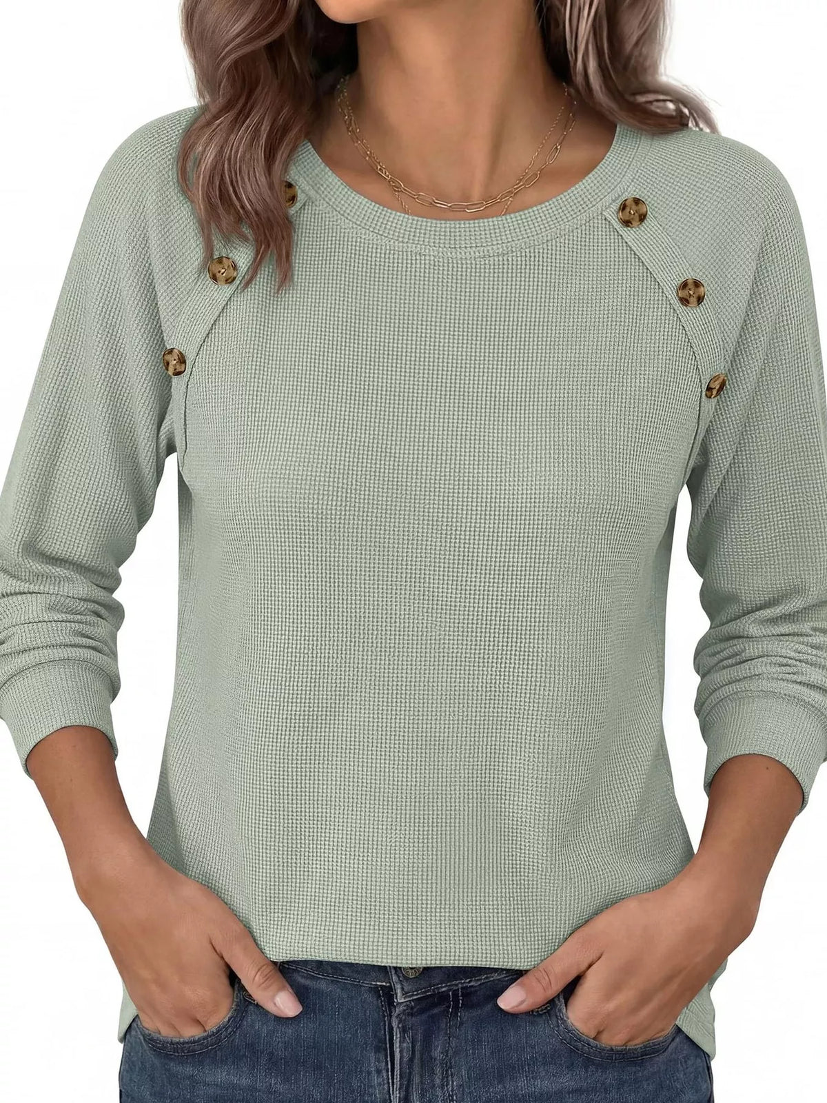 Decorative Button Waffle Knit Long Sleeve T-Shirt