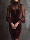 Full Size Velvet Sheer Long Sleeve Bodycon Dress Plus Size – image 1 | Lilixa Spooky Season