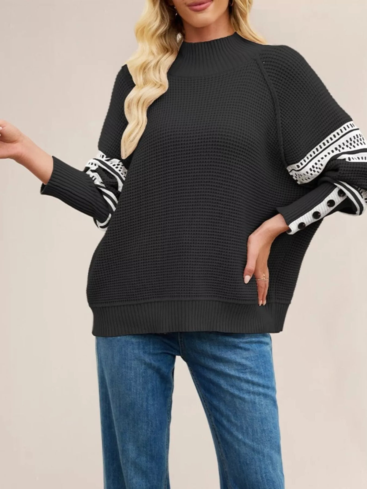 Waffle Knit Mock Neck Sweater - Lilixa.store