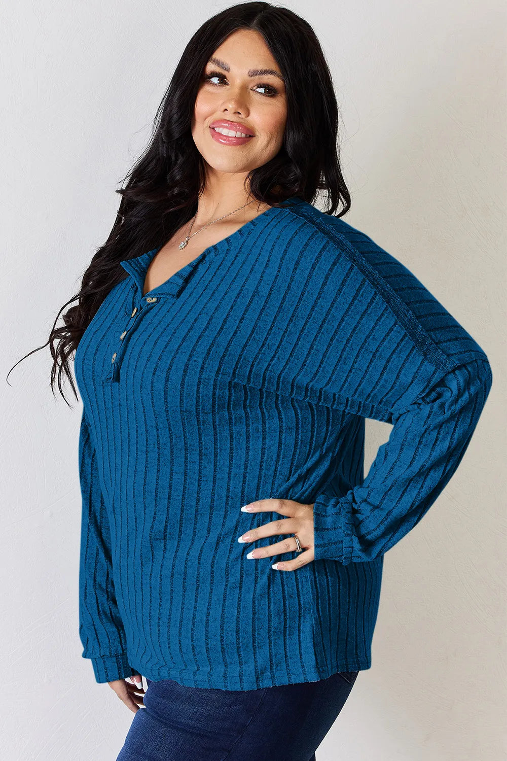 Basic Bae Full Size Ribbed Half Button Long Sleeve T-Shirt - Lilixa.store