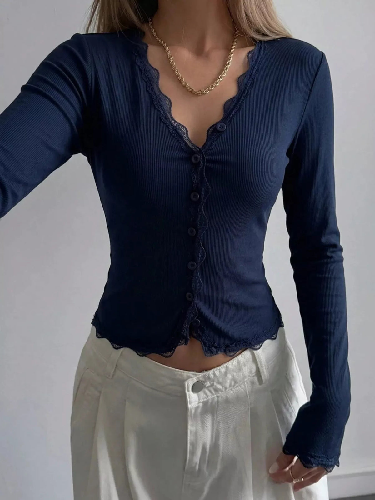 Lace Trim V-Neck Ribbed Long Sleeve Blouse in Dark Blue