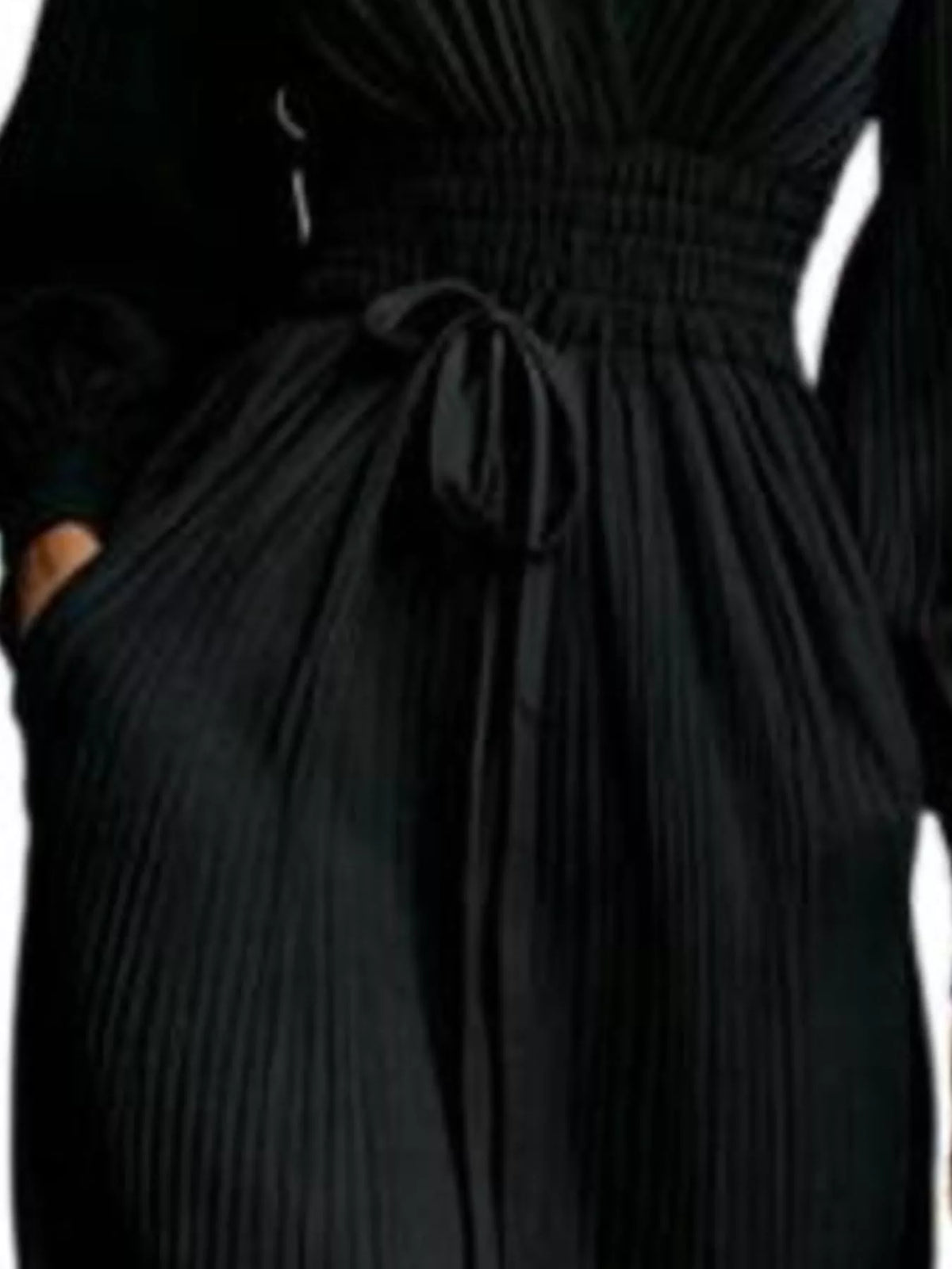 Elegant Pleated V-Neck Maxi Dress with Lantern Sleeves and Tie-Waist in Black