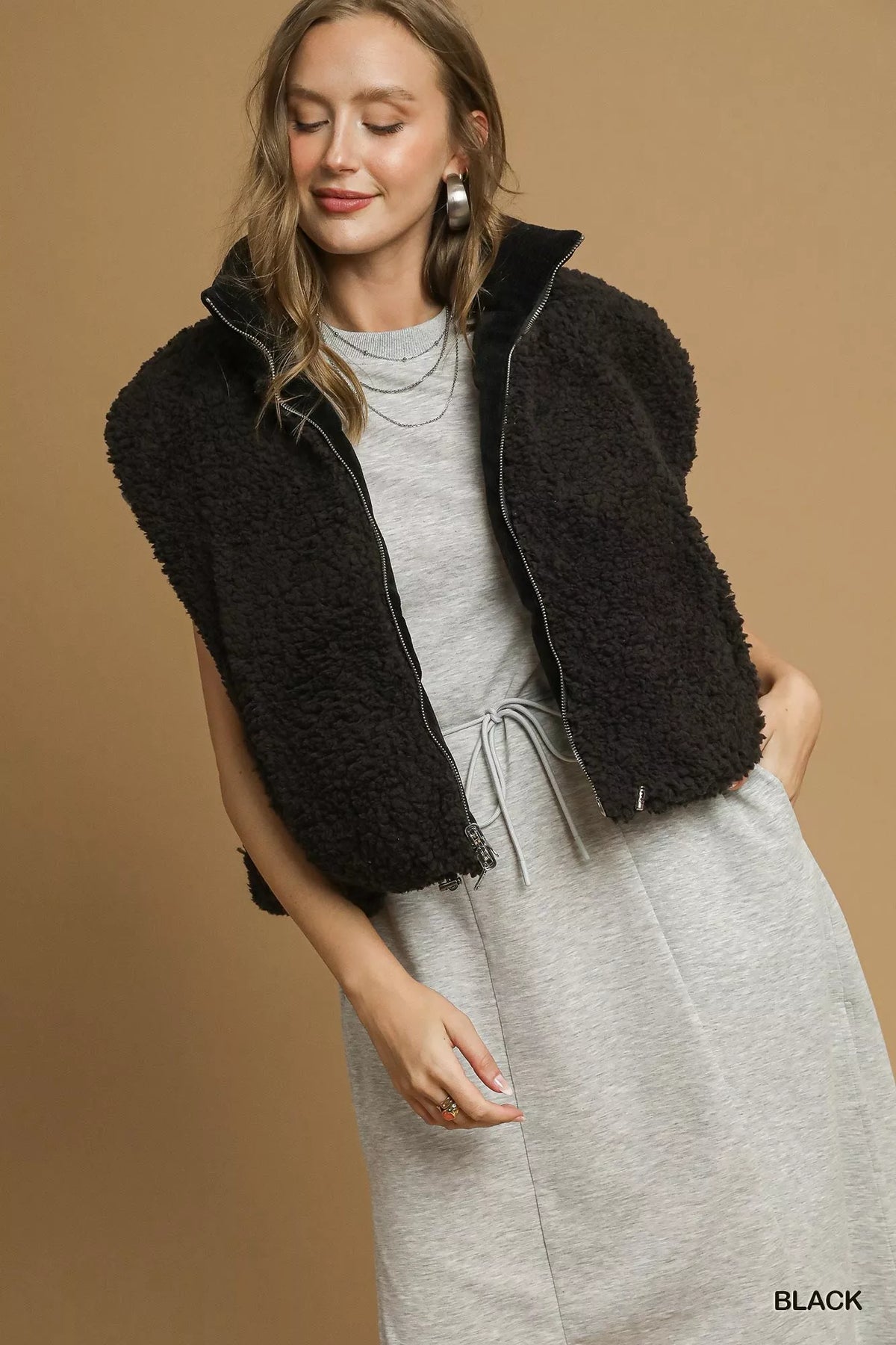 Umgee Sherpa-Lined Zip Vest with Drawstring Hem - Lilixa.store