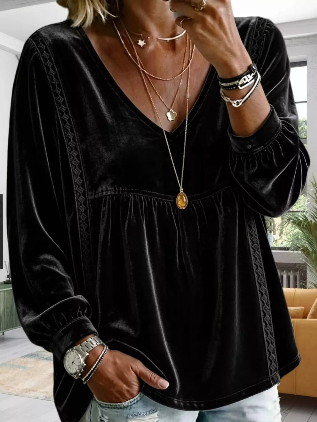 Full Size Velvet Lace Detail V-Neck Blouse Plus Size - Lilixa.store