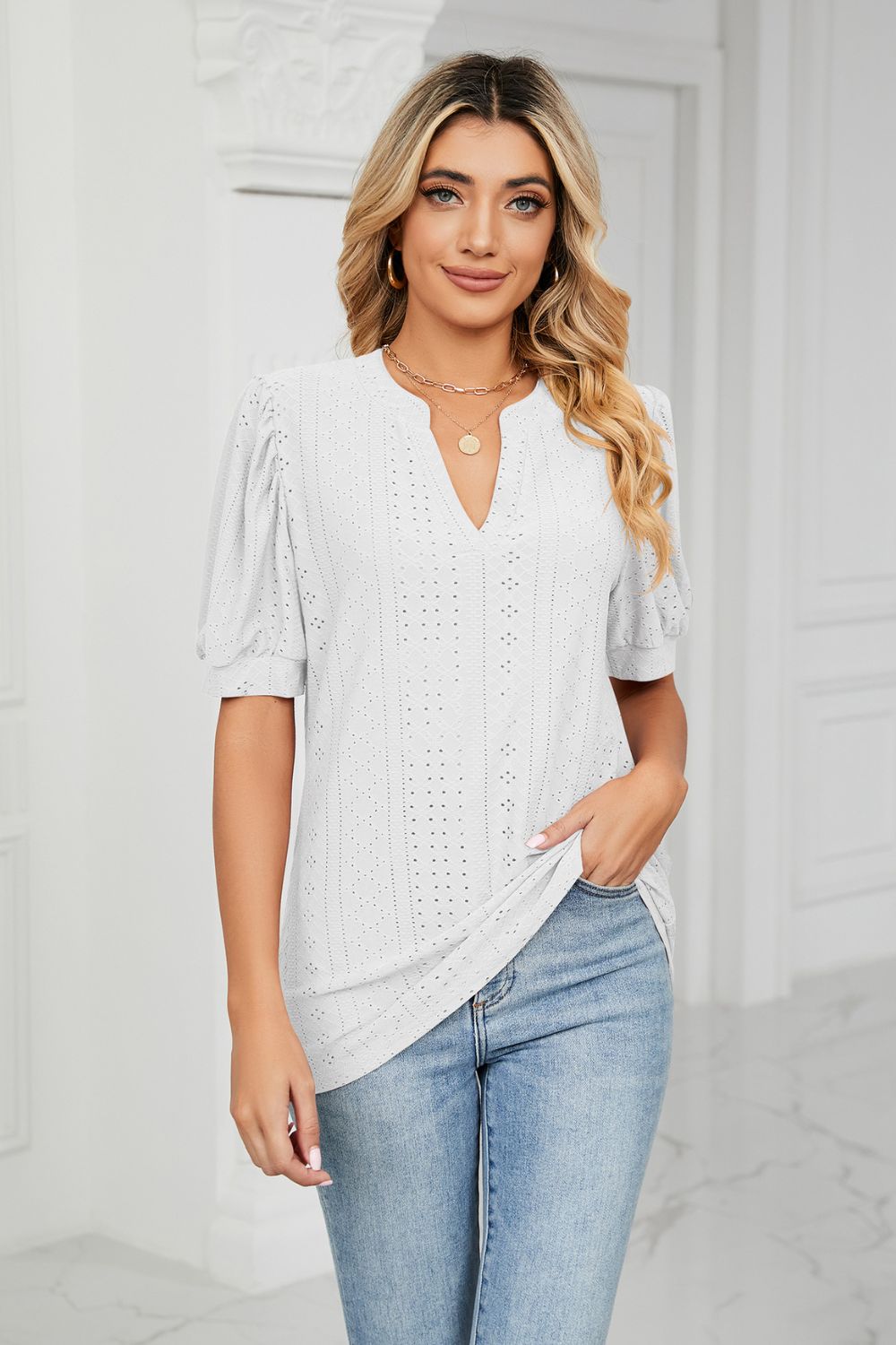 Eyelet Short Puff Sleeve Notched Neck Top in White
