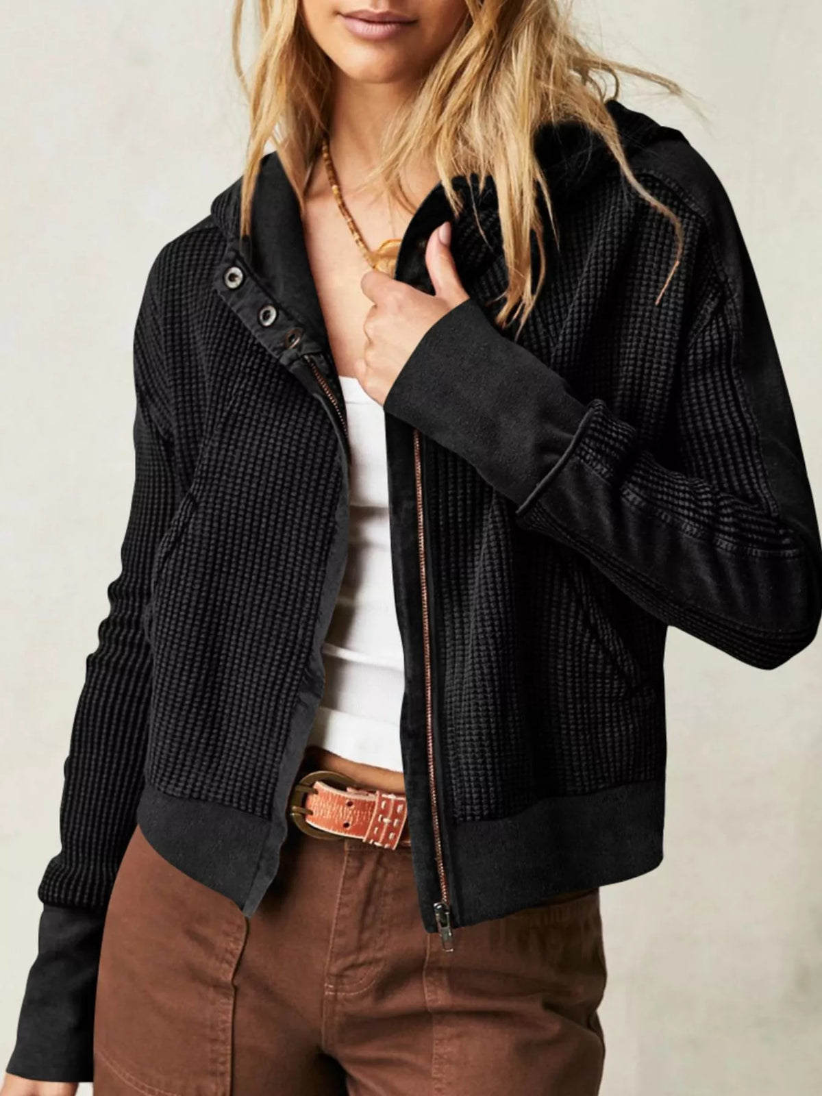 Waffle Knit Zip-Up Jacket