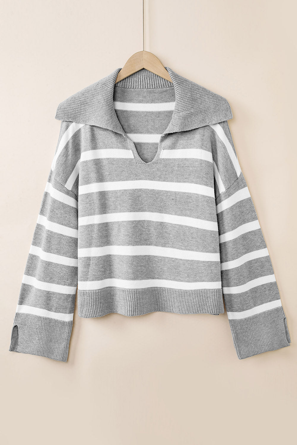 Striped Collared Neck Slit Sweater in Light Gray