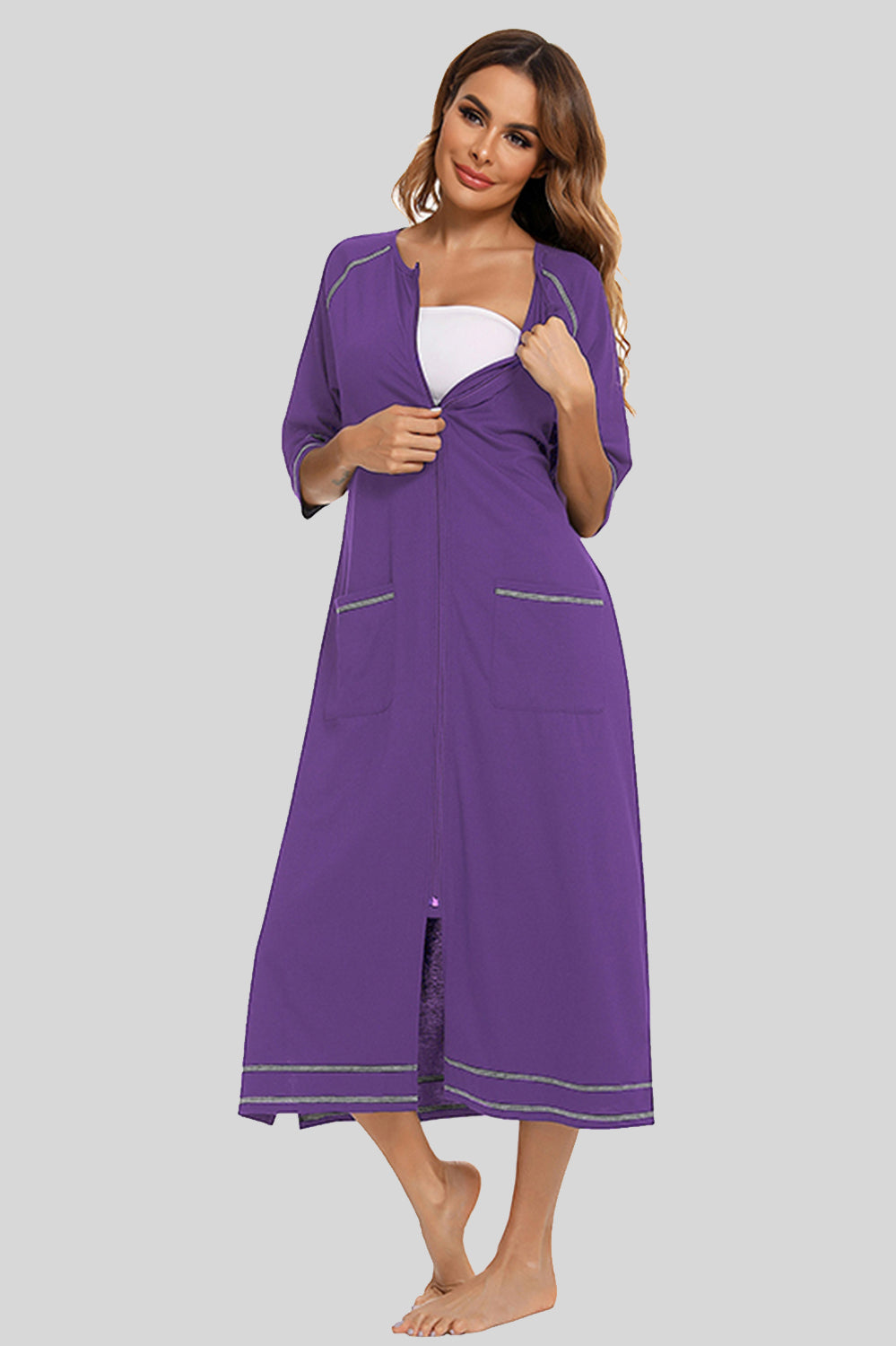 Zip Up Slit Round Neck Night Dress with Pockets - Lilixa.store