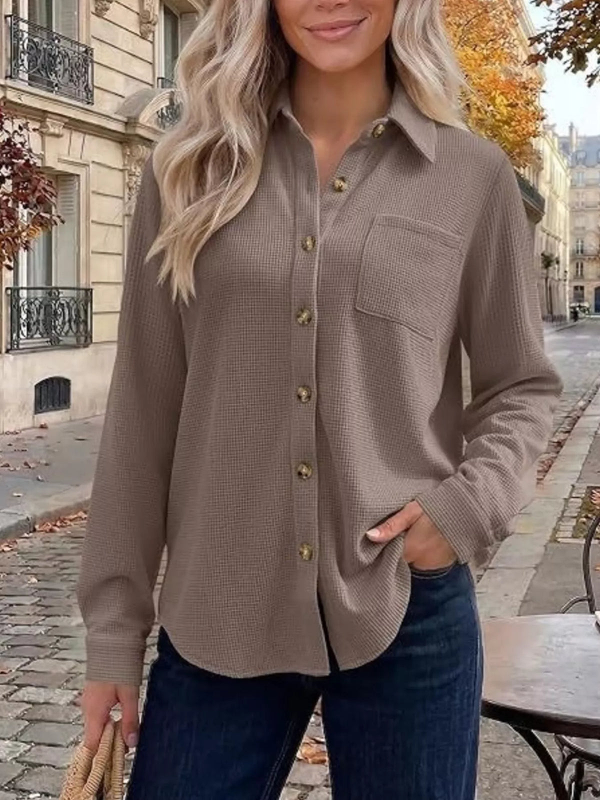 Waffle Knit Button-Down Long Sleeve Shirt - Lilixa.store