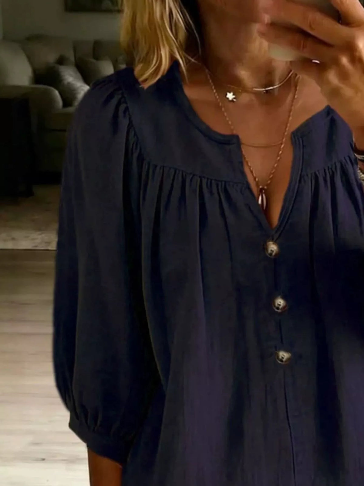 Full Size Notched 3/4 Sleeve Blouse Plus Size - Lilixa.store