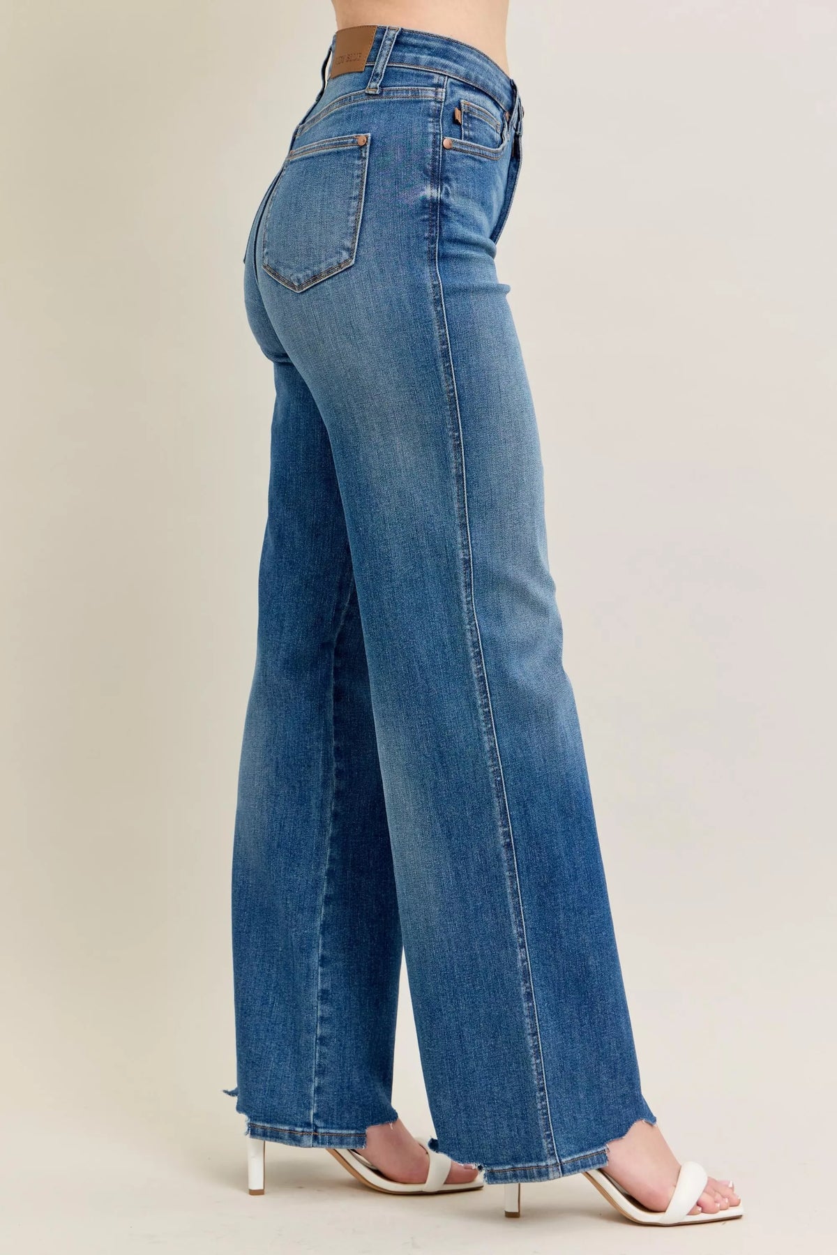 Judy Blue Full Size High Waist Tummy Control Chew Hem Destroy Wide Jeans Plus Size - Lilixa.store