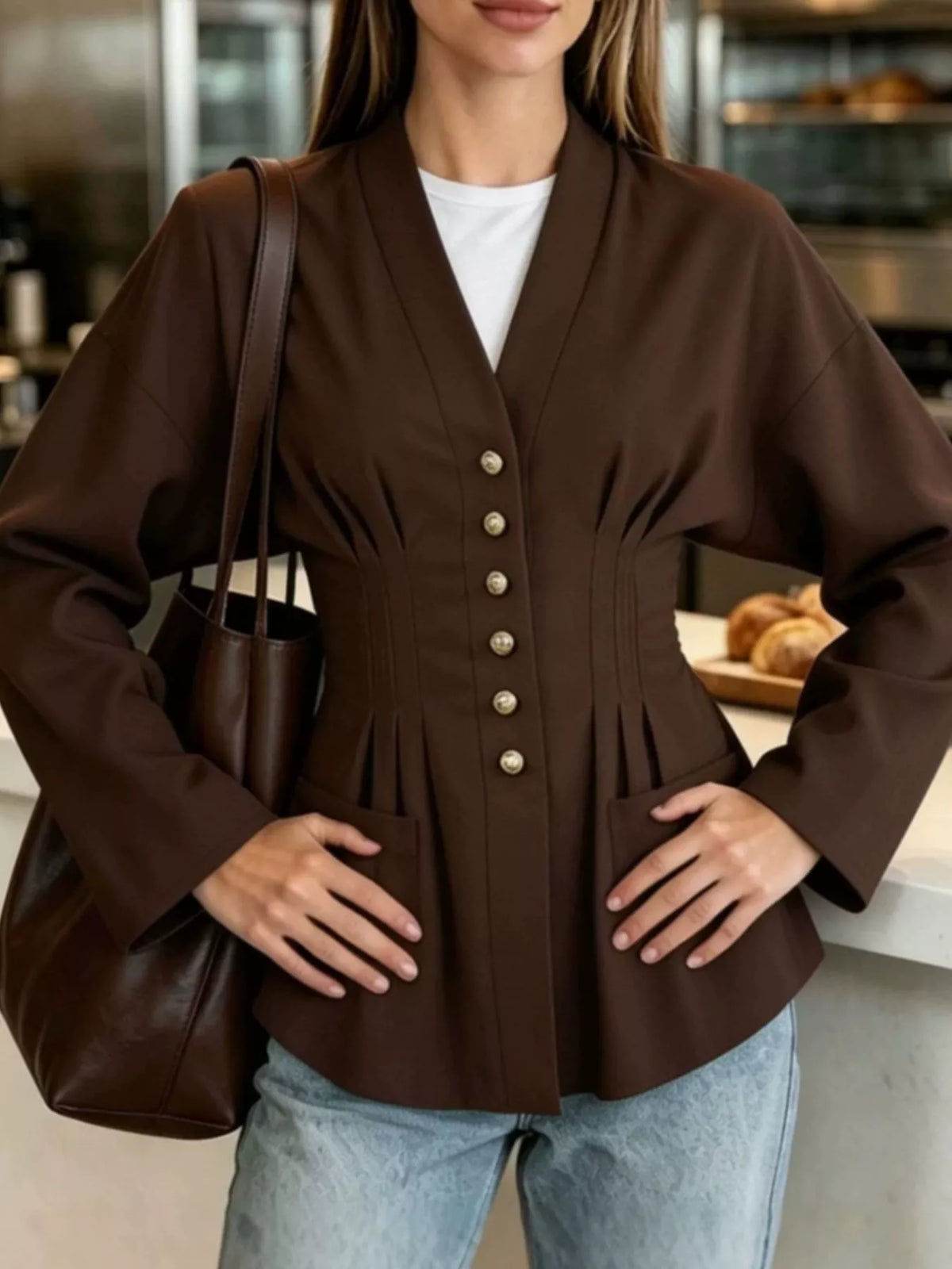 Pleated Waist Blouse with Button Detail, view 2