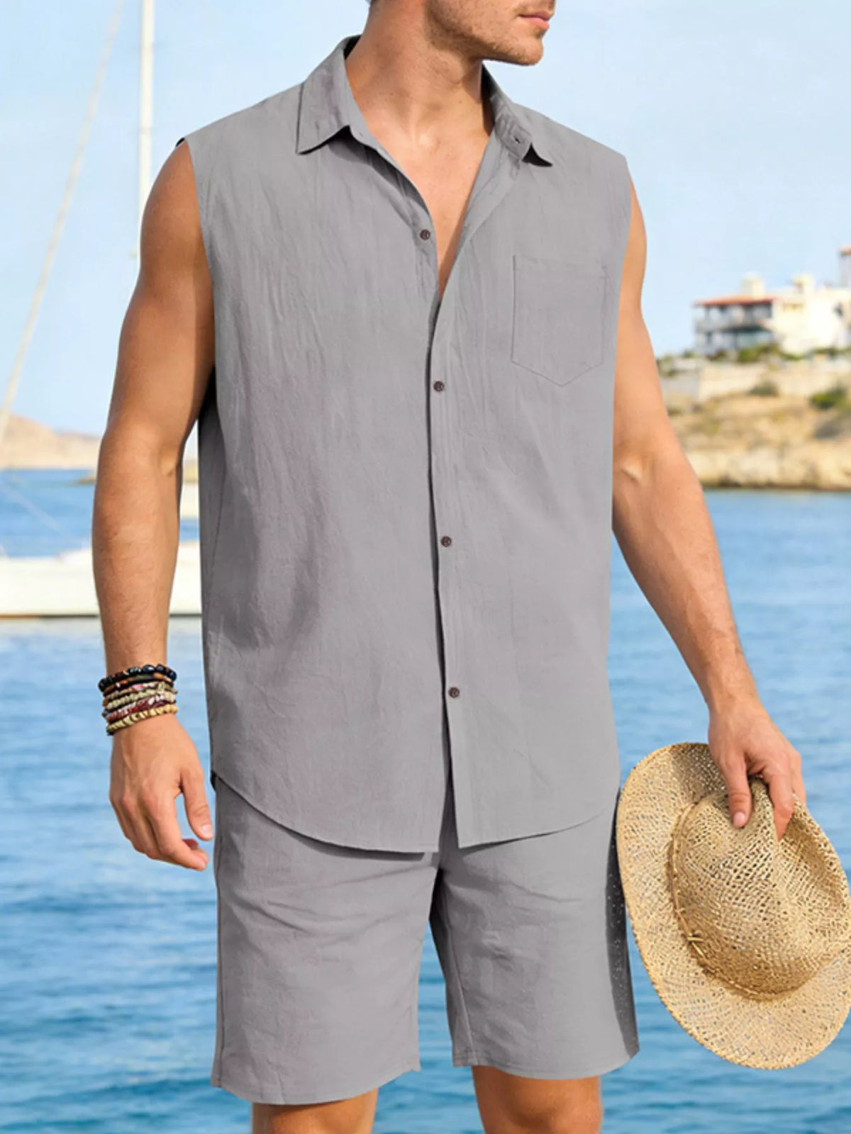 Men's Full Size Button Up Sleeveless Top and Shorts Plus Size - Lilixa.store