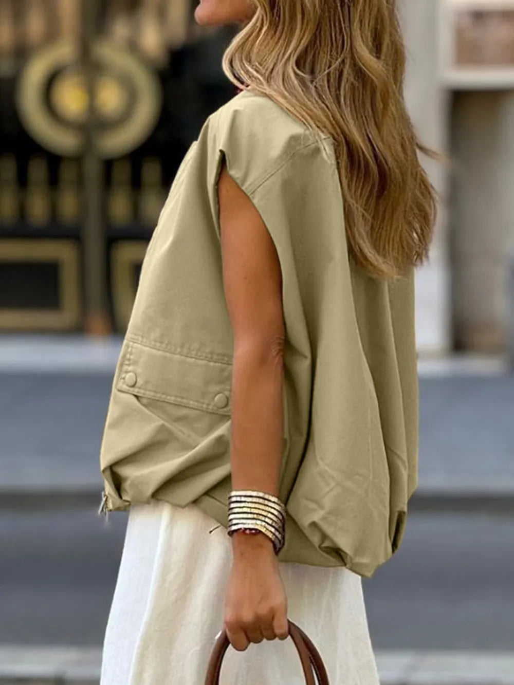 Ruched Hem Zip Up Vest in Khaki, view 2