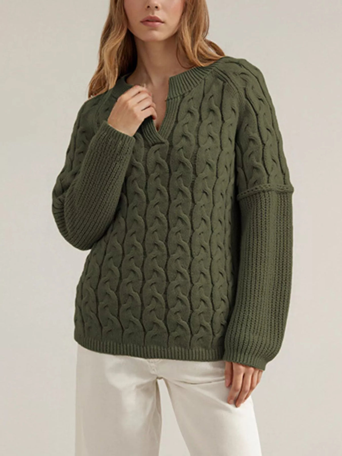 Cable-Knit Dropped Shoulder Sweater - Lilixa.store