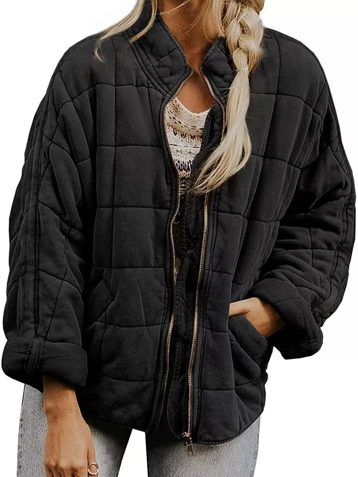 Quilted Zip Up Outerwear in Black