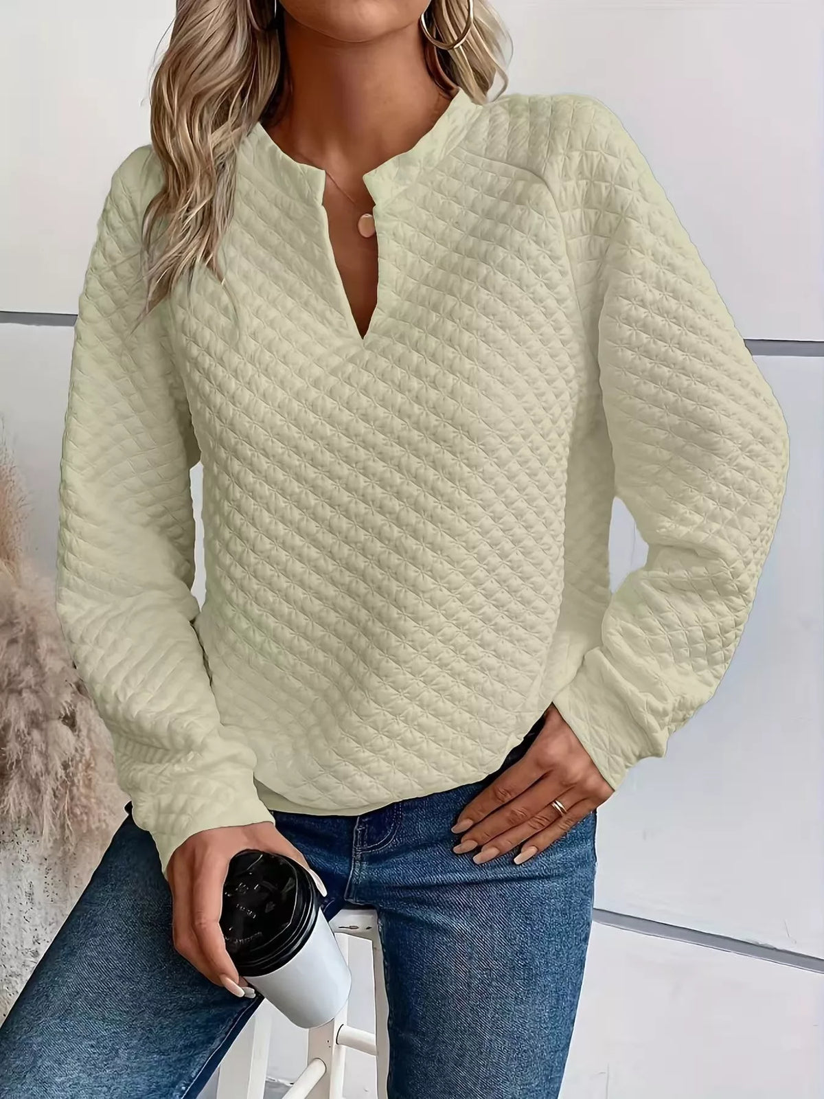 Quilted Texture Long Sleeve Sweatshirt with Notched Neck - Lilixa.store