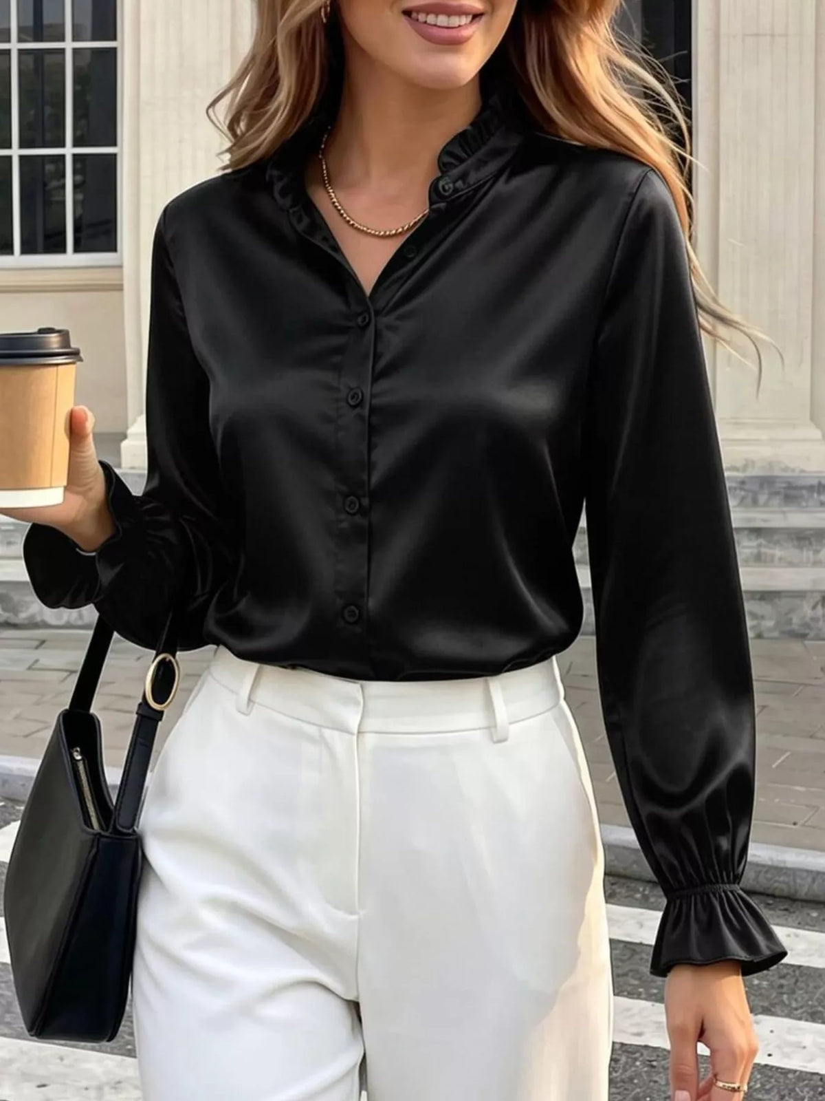 Elegant Button Down Ruffle Trim Satin Shirt in Black