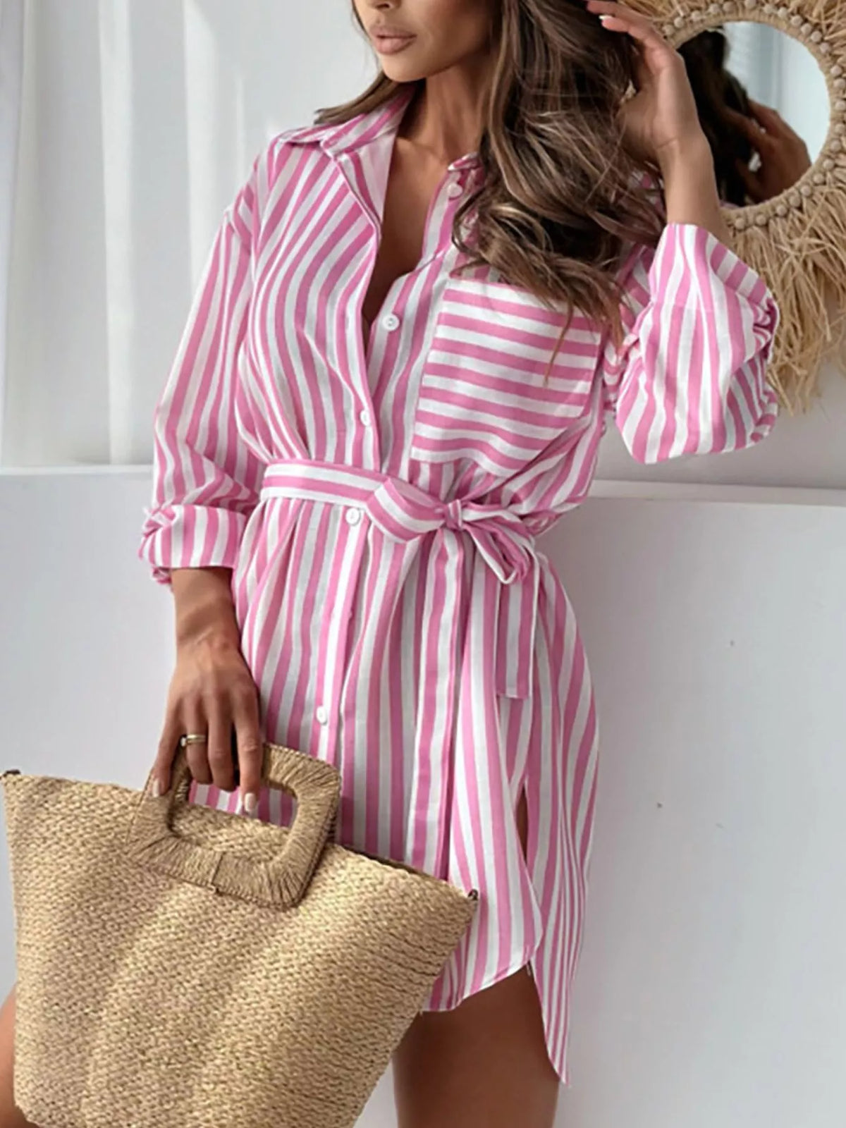 Printed Long Sleeve Tie Waist Oversized Shirt in Blush Pink