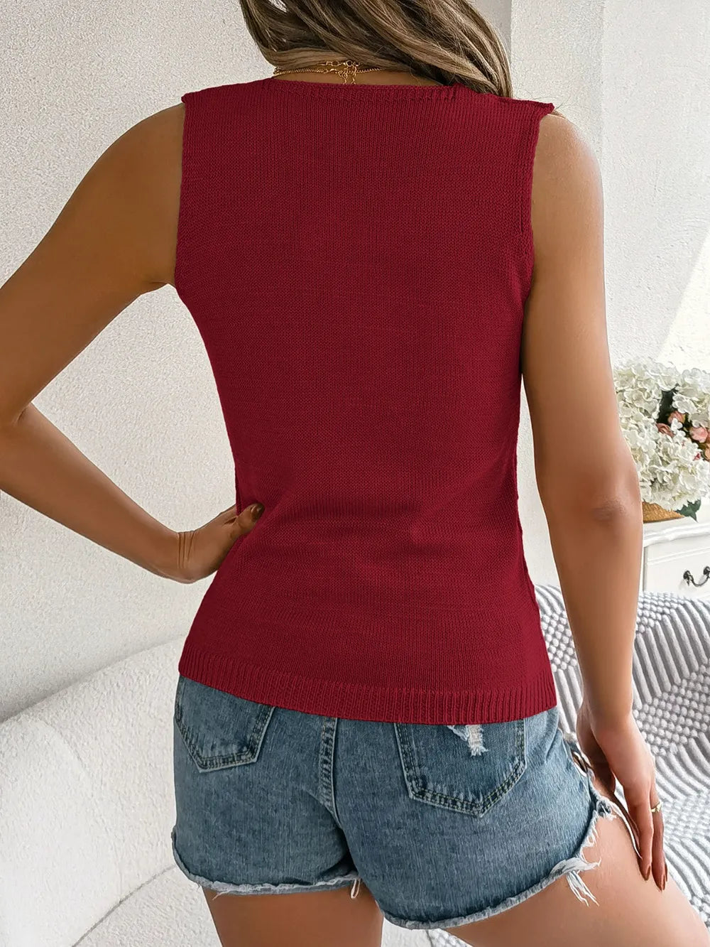 Openwork V-Neck Knit Vest in Burgundy